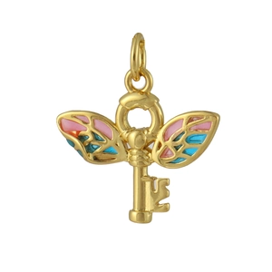 Pendentif clé doré exquis avec ailes roses et bleues pour colliers et bijoux DIY