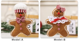 Detail of Model A and B gingerbread man plush ornaments with festive red and white accents