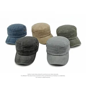 Classic washed cotton flat top military caps in five colors including navy and khaki