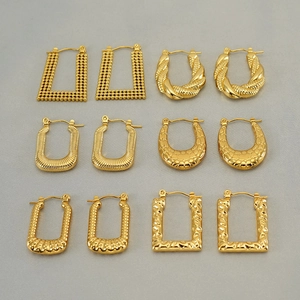 Set of 6 pairs golden stainless steel geometric earrings with diverse vintage textures