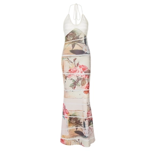 Detail of white knit halter neck bodice with vintage rose floral pattern long skirt