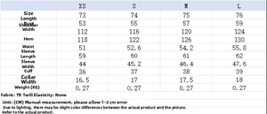 Size chart for poplin shirt and shorts set with dimensions and fabric details
