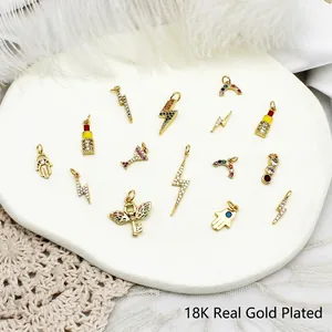 DIY Charms Pendants 18K Gold Plated Copper Micro Pave Cubic Zirconia Lightning Rainbow Lipstick For Jewelry Making