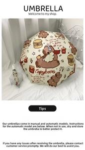 Detail of Capybara cartoon umbrella showing cute food pattern and storage case
