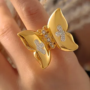Overdreven Vlinder Ring Roestvrij Staal Met Glanzende Tsjechische Diamanten Ins Stijl Trendy Mode Sieraden Voor Vrouwen