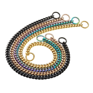 Detail of 10mm stainless steel Cuban link pet collars in gold, black, and rainbow colors