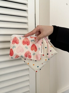 Cute heart print fabric makeup pouch and polka dot drawstring bag set for women