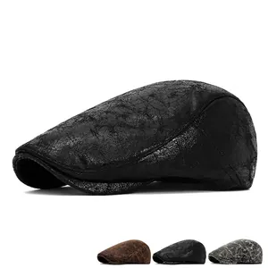 Vintage cracked leather flat cap for men and women in black, brown, and grey options