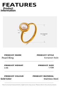 Detailed size specifications for the gold stainless steel ring with oval pearl inlay