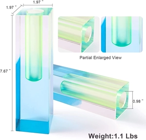 Detailed view of colorful acrylic vase dimensions and iridescent rectangular structure