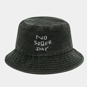 Close-up of No Sober Day embroidery on washed cotton bucket hat with breathable eyelets