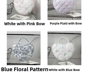 Detailed grid of quilted heart makeup bags with floral and bow patterns in four styles