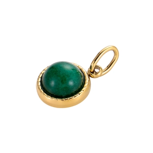 Golden stainless steel round pendant with green stone inlay and spiral texture details