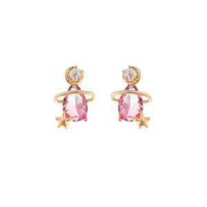 Chic gold earrings featuring a waterdrop pink zircon with moon and star celestial accents