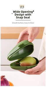 Avocado-shaped green food storage container with a large opening and secure buckle seal
