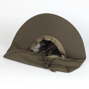 Detail of wide brim fishing hat with breathable mesh lining and adjustable chin strap