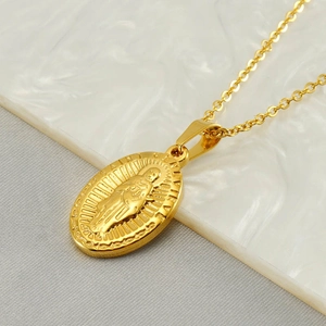 Gold stainless steel Greek necklace with oval religious pendant engraved Believe in Faith