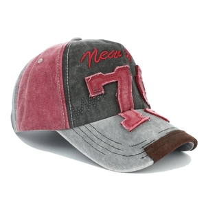 Retro patchwork baseball cap with number 7 embroidery and vintage distressed finish