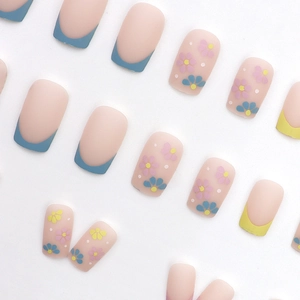 Matte square fake nails set featuring macaron French tips and colorful floral patterns