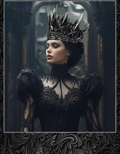 Detail of gothic silver crown with spikes on a model in vintage lace black dress