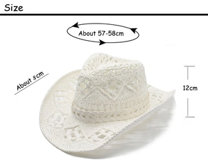 Size diagram of white woven cowboy hat showing 57-58cm circumference and 8cm brim