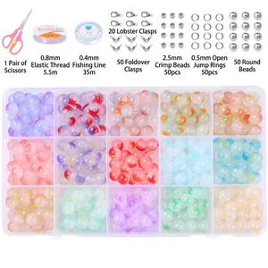 Detail view of 15-grid DIY jewelry kit with 8mm glass beads and crafting tools