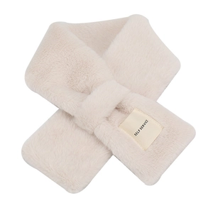 Soft beige faux rabbit fur plush scarf with a minimalist self service label design