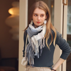 Plaid color-block cashmere-feel scarf with tassels for women in soft grey and navy tones