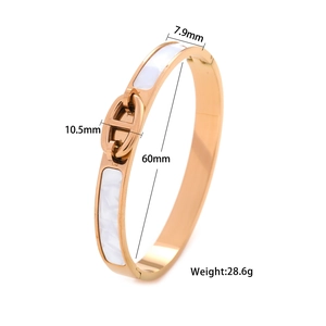 Rose gold stainless steel bangle with white enamel inlay and detailed size dimensions