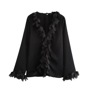 Elegant Women V Neck Long Sleeve Blouse With 3D Floral Decoration Polyester Urban Style Top