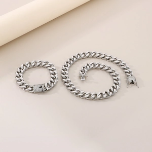 Silver 316L stainless steel Cuban chain necklace and bracelet set with CNC diamond clasp