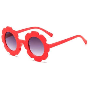 Cute red flower-shaped kids sunglasses with purple gradient lenses for UV protection