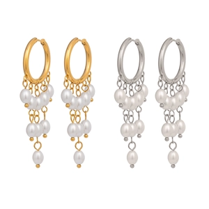 Fashionable gold and silver hoop earrings with white pearl tassel drop pendants