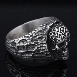 Gothic punk skull ring in vintage silver stainless steel with celtic knot textures
