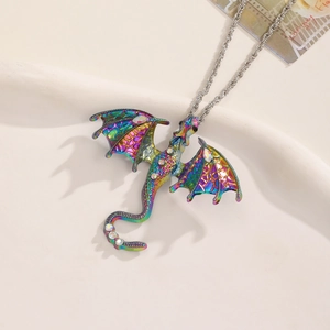 Hip hop dragon pendant necklace with iridescent finish and sparkling rhinestones