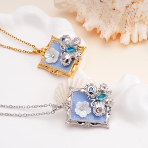 French vintage butterfly oil painting pendant necklace with blue floral inlay charms