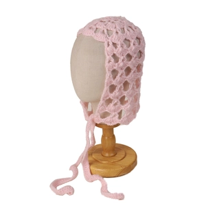 Pink handmade crochet mohair bonnet with floral petal texture and knitted straps