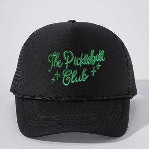 Black trucker hat with green The Pickleball Club embroidery and breathable mesh panels