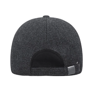 Rear view of dark grey wool blend baseball cap with adjustable metal buckle and warm lining