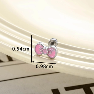 Pink enamel bow screw back cartilage stud earring with glitter detail measuring 0.98cm wide