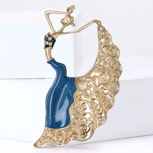 Elegant gold peacock dance girl brooch with blue enamel and sparkling crystals