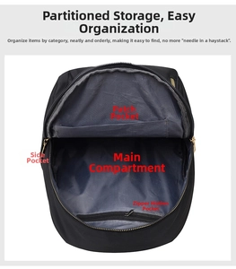 Detail view of the black nylon backpack showing internal multi-pocket storage structure