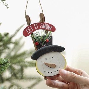 Wooden Snowman Sleigh Hanging Ornament with Let It Snow banner for Christmas decor