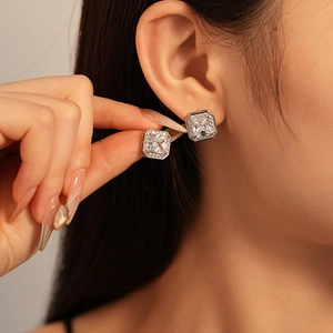 Elegant geometric square zirconia stud earrings in a luxury minimalist silver finish
