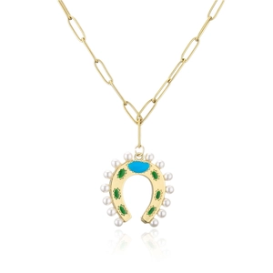 Gold horseshoe necklace with white pearls and green enamel on a paperclip chain