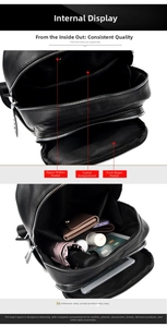 Interior layout of black leather backpack showing multiple compartments and laptop pocket