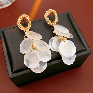 Macro view of gold round stud earrings with multi-layer white shell pendants on jewelry box