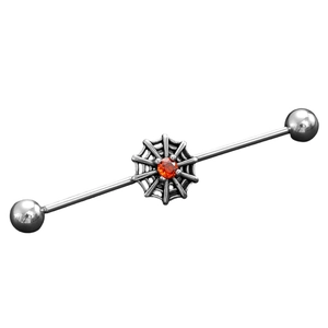 Industrial barbell body jewelry with silver spider web design and a red center gemstone