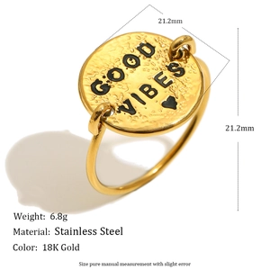 18K gold plated stainless steel ring with Good Vibes engraved circular disc pendant