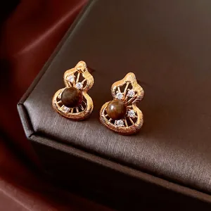 Hulu Gourd Stud Earrings With 925 Sterling Silver Earring Post Tiger Eye Stone Zircon Vintage Retro Jewelry For Women
